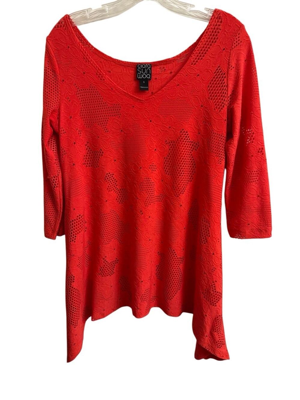 Clara Sun Woo Slinky Floral Eyelet Tunic Top Asymmetrical Hem Coral Size Small